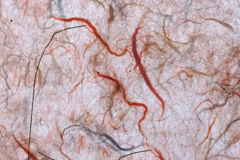 Close-up of a handmade paper with many red and black textile fibers in it