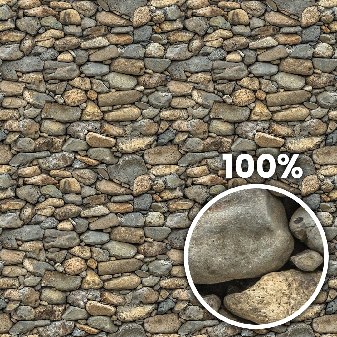 Tiling preview of a stone wall with different sized round stones stacked on each other