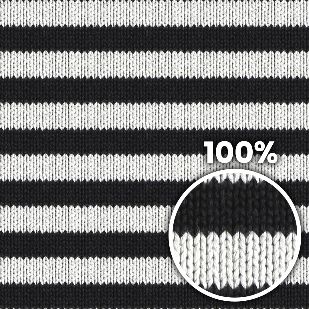 Tiling preview of a knitted polyester pullover with black and white horizontal stripes