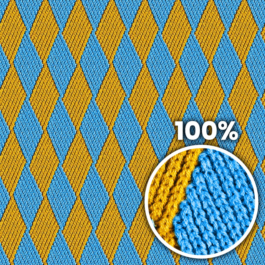 Tiling preview of a knitted diamond pattern pullover with yellow and blue yarns