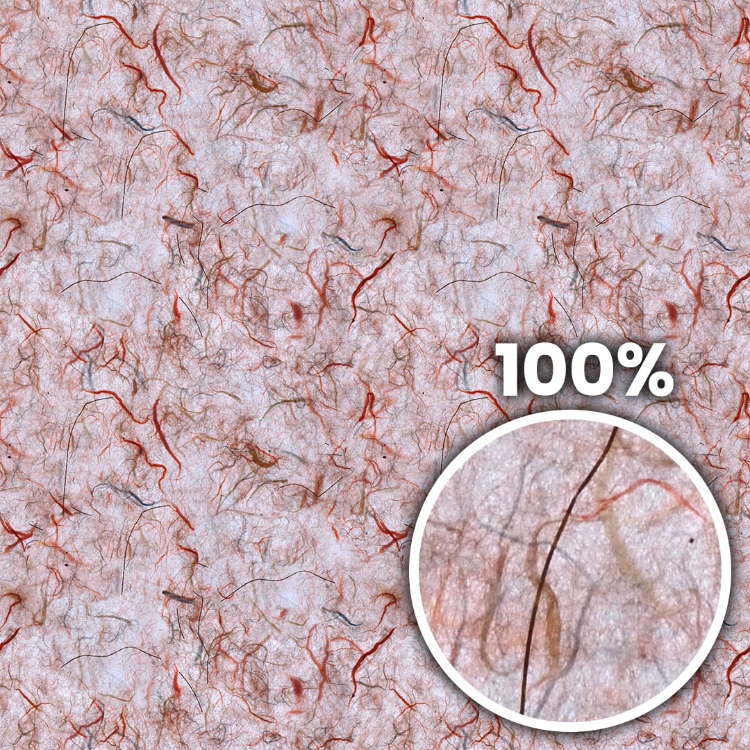 Tiling preview of a handmade paper with many red and black textile fibers in it