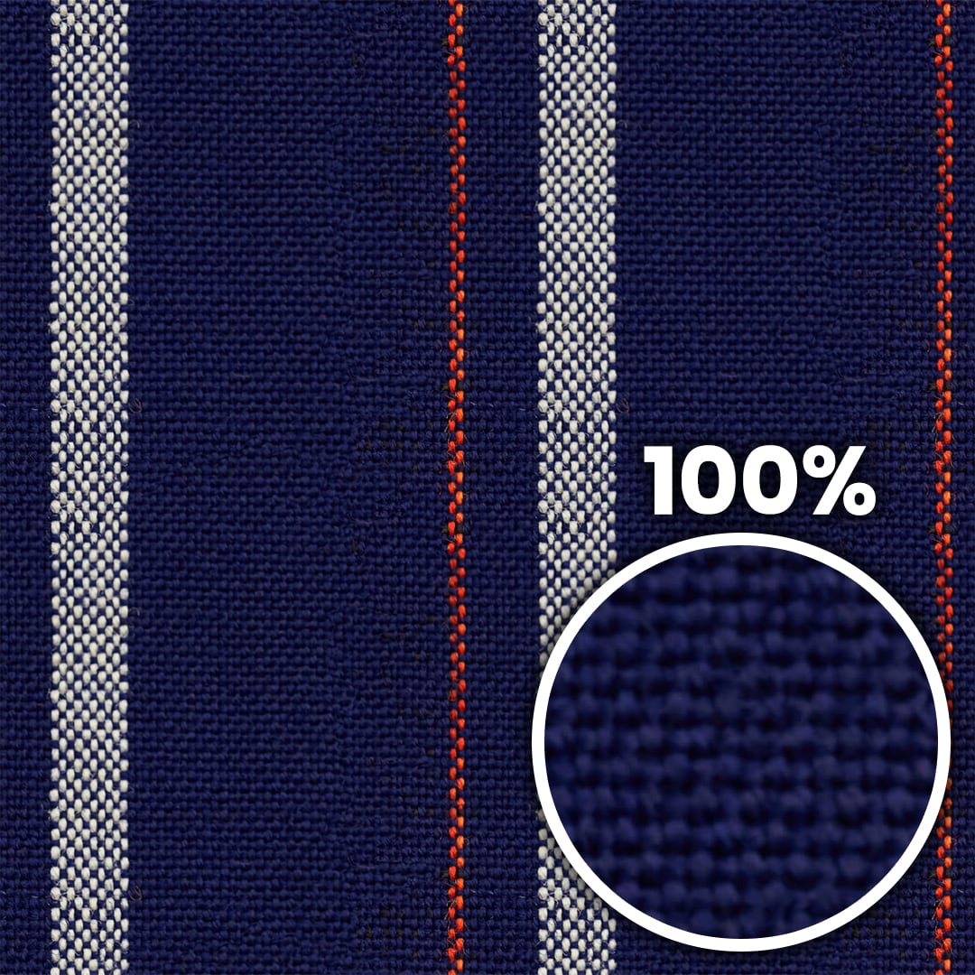Tiling preview of a machine woven blue cloth with orange and white stripes