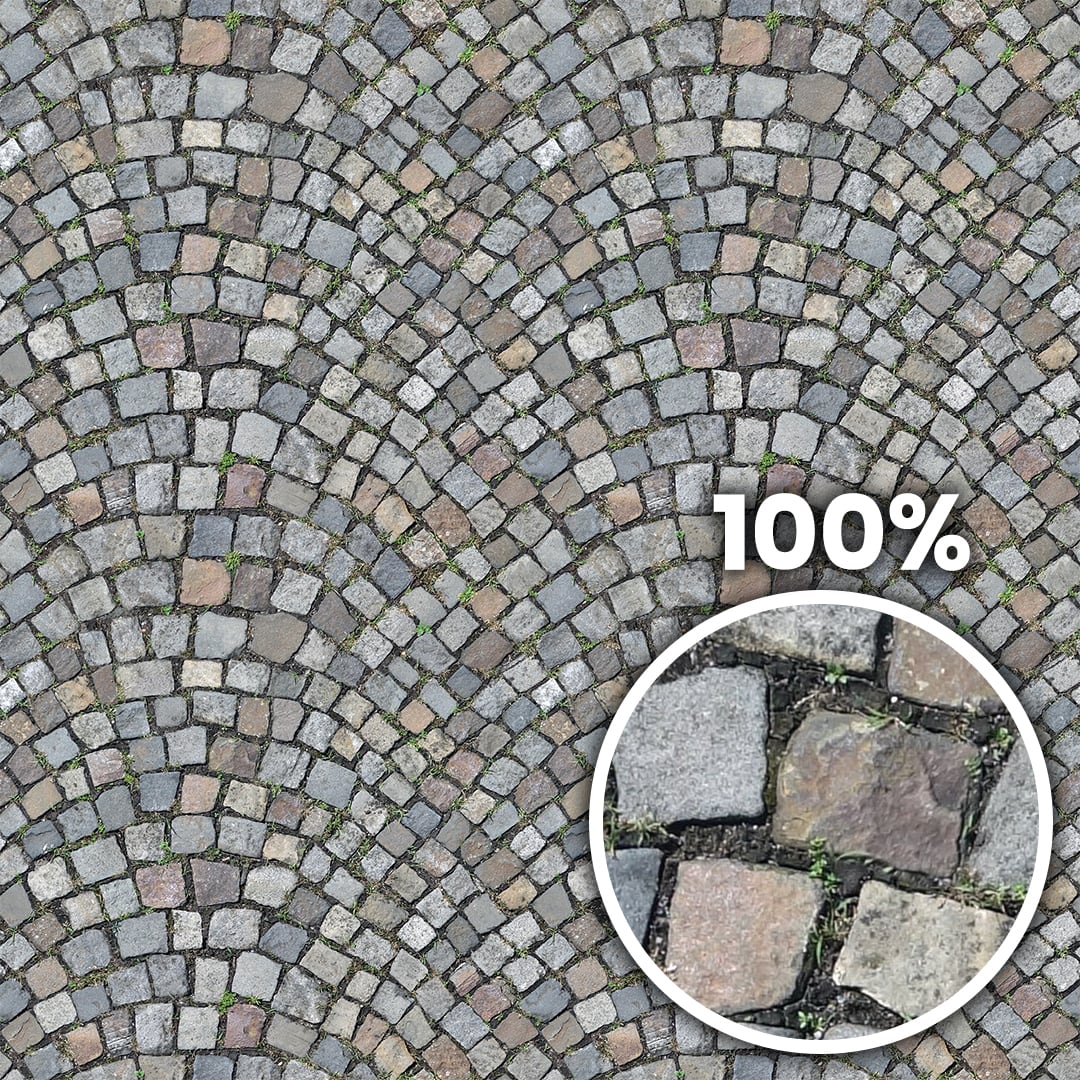 Tiling preview of a cobblestone pavement with earth and grass between the stones