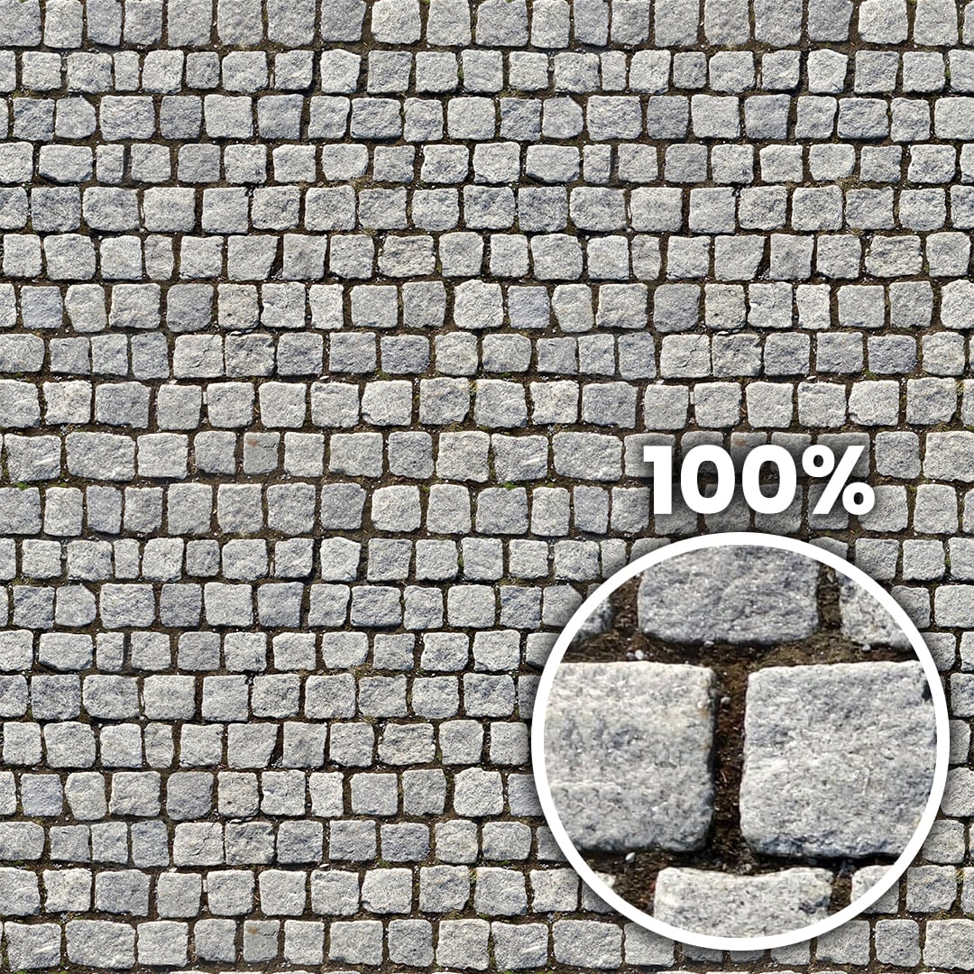 Tiling preview of a pavement with light grey colored square shaped stones with earth between them