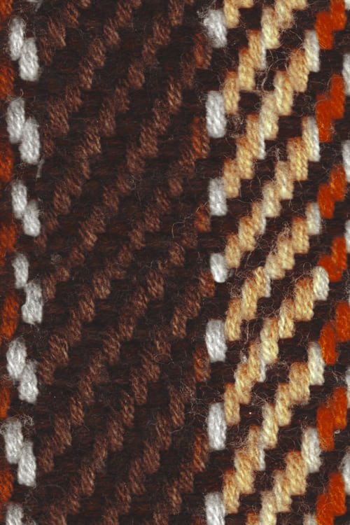 Close-up of a knitted scarf with warm brown shaded yarns