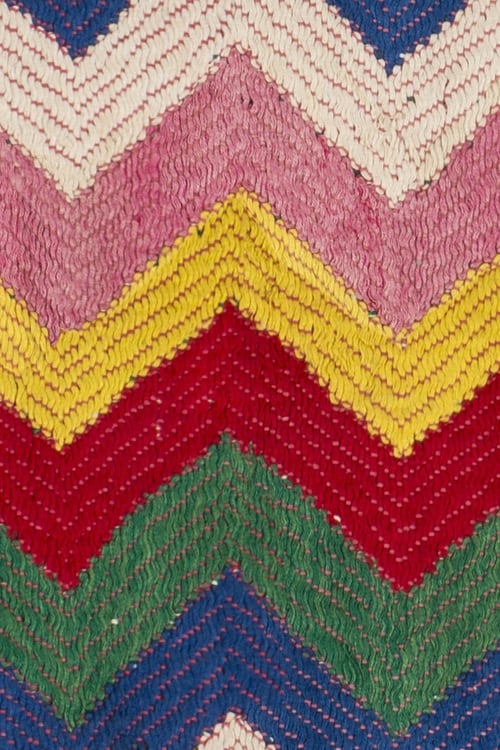 Close-up of a multicoloured handwoven rug in a zigzag pattern