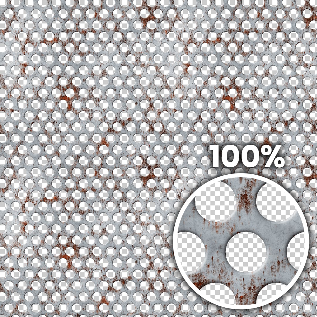 Tiling preview of a scratched, slightly rusty perforated metal panel with circular holes