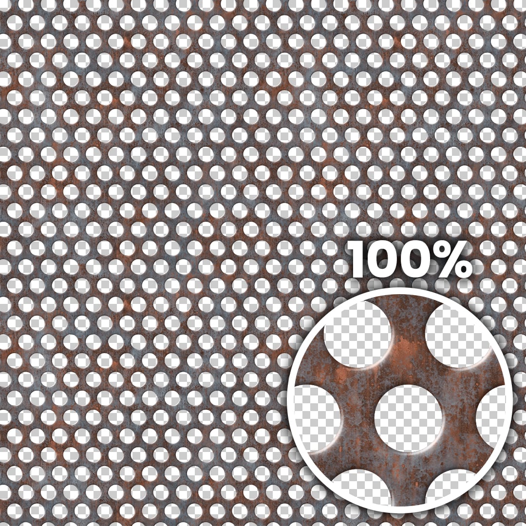Tiling preview of a rusted perforated metal panel with circular holes
