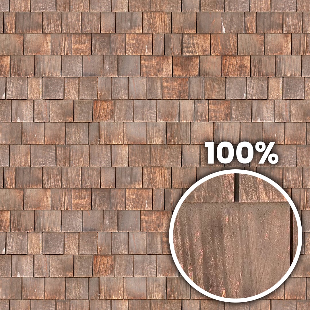 Tiling preview of a vertical wall covered with natural rough wood shingles