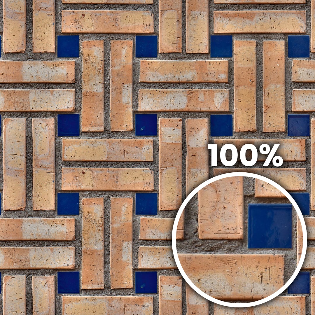 Tiling preview of a decorative crosshatch brick wall with additional glazed blue squares elements