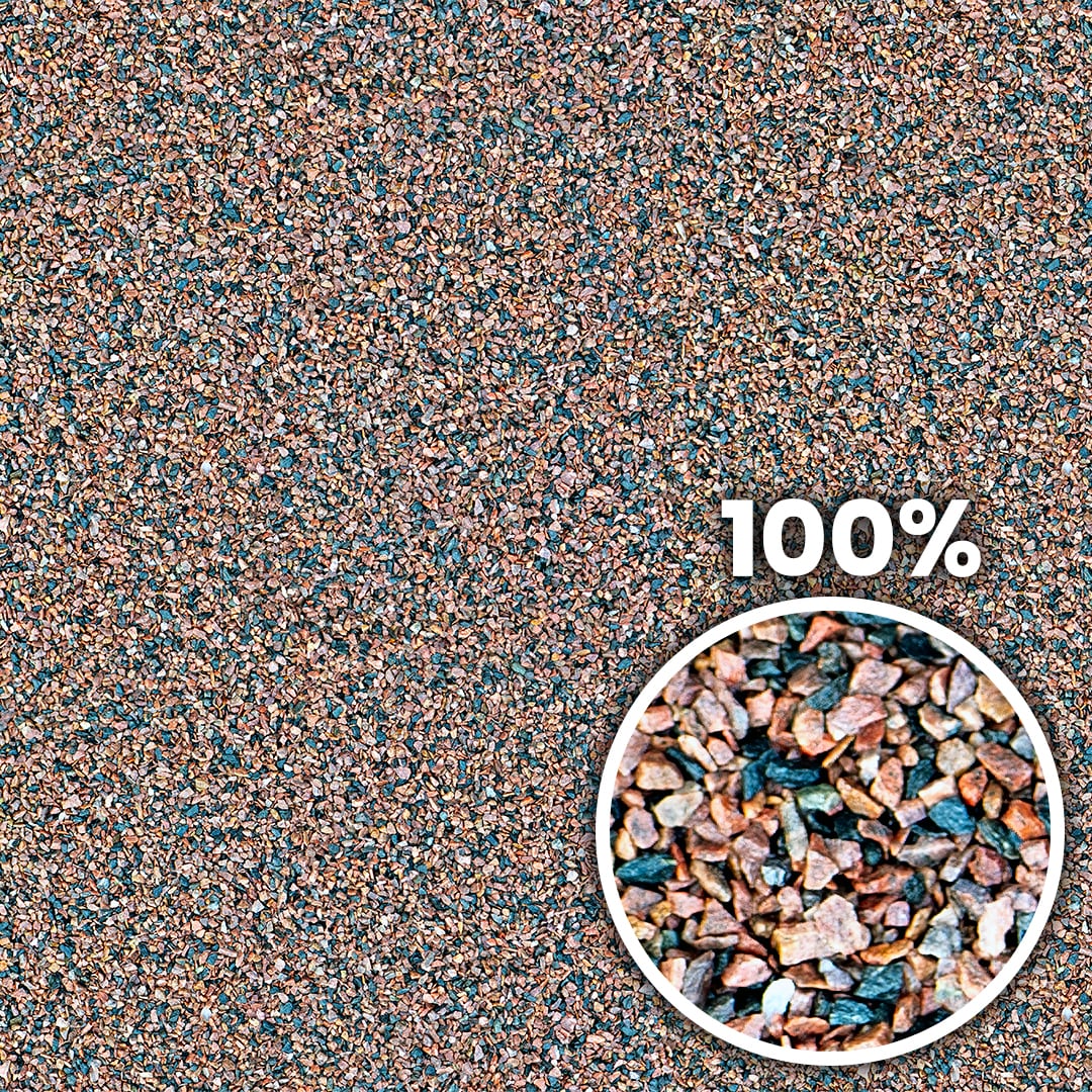 Tiling preview of a field with decorative blue, red and ochre gravel