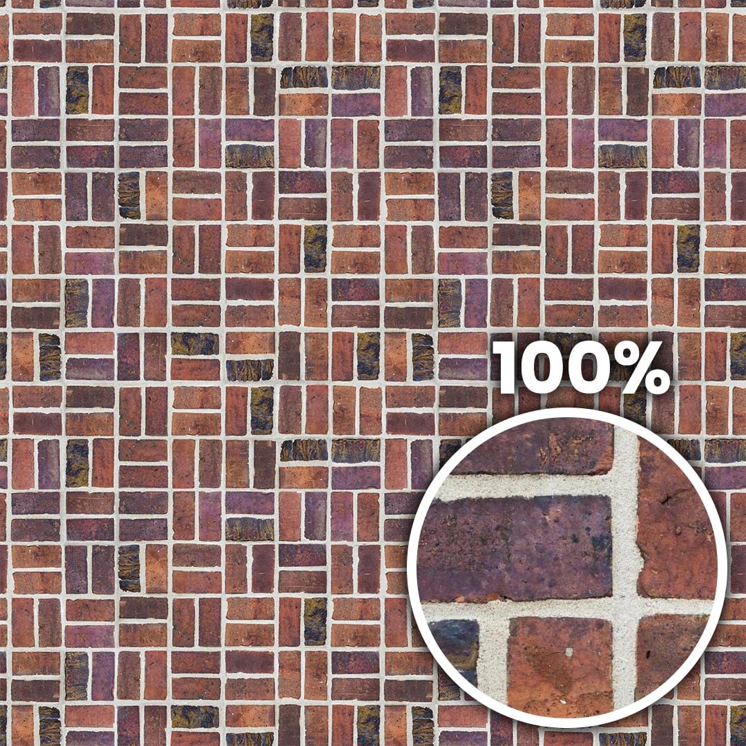 Tiling preview of a decorative brick wall with dark brown and purplish bricks and white mortar