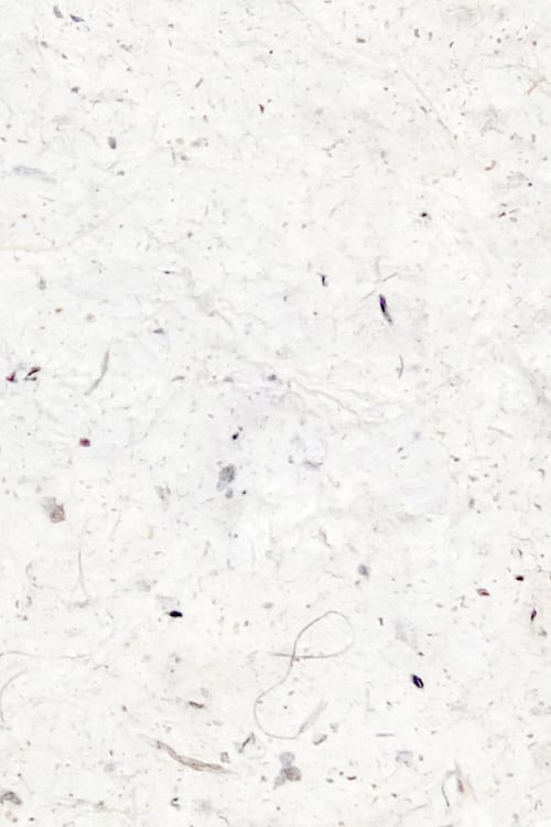 Close-up of an uneven handmade white paper with lots of threads and specks
