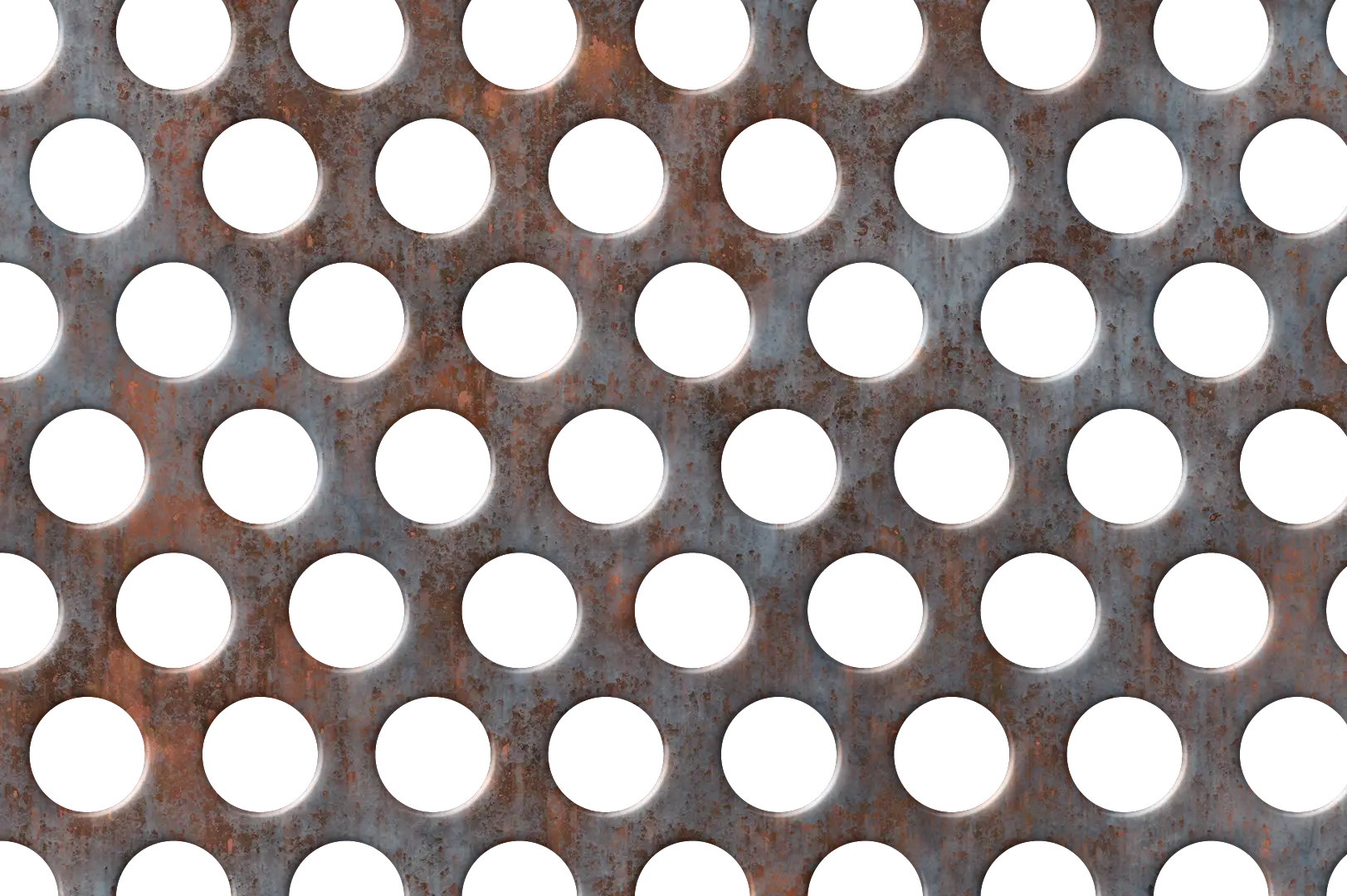 Close-up of a rusted perforated metal panel with circular holes