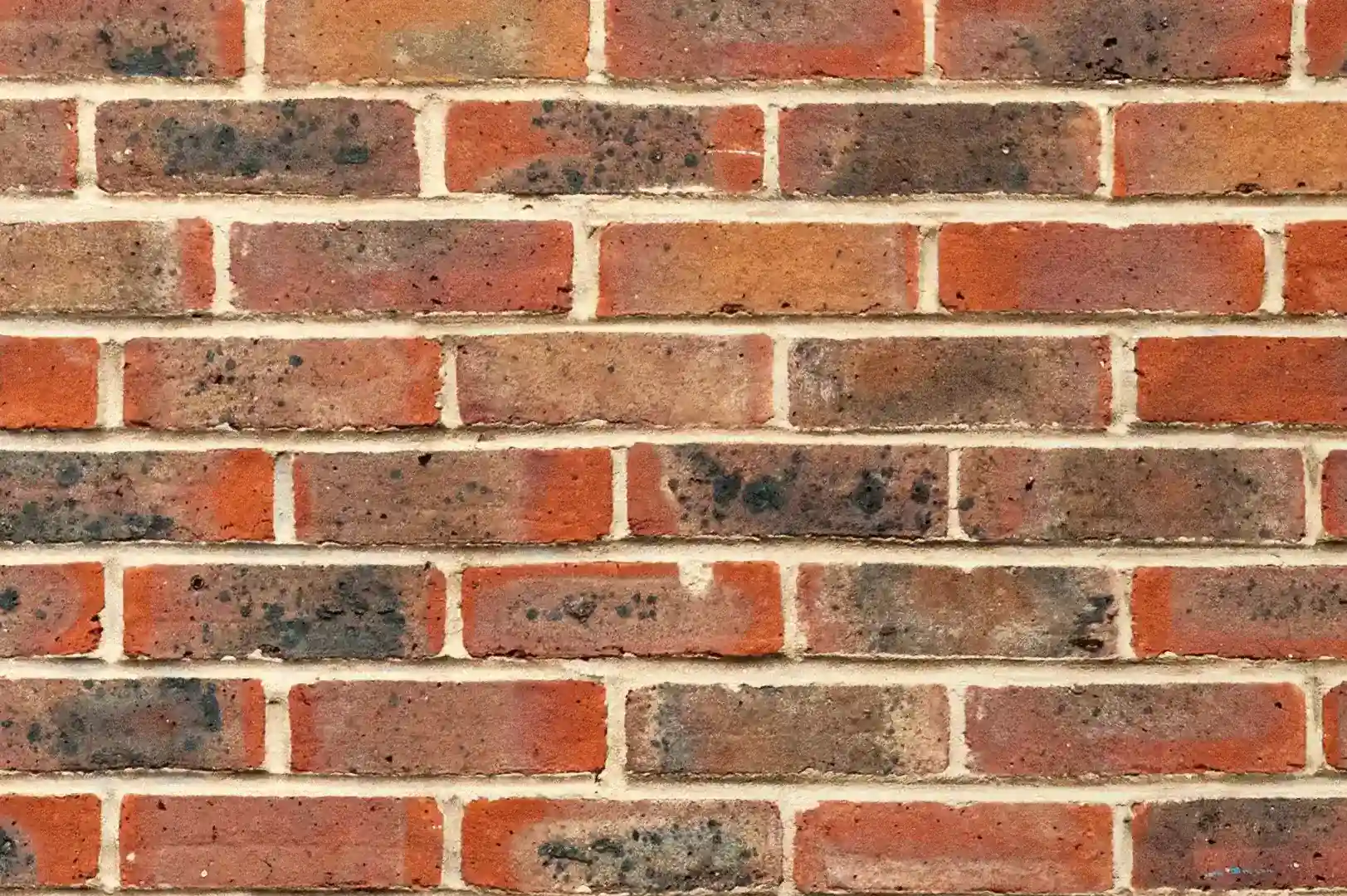 Close-up of a mouldy decorative red brick wall