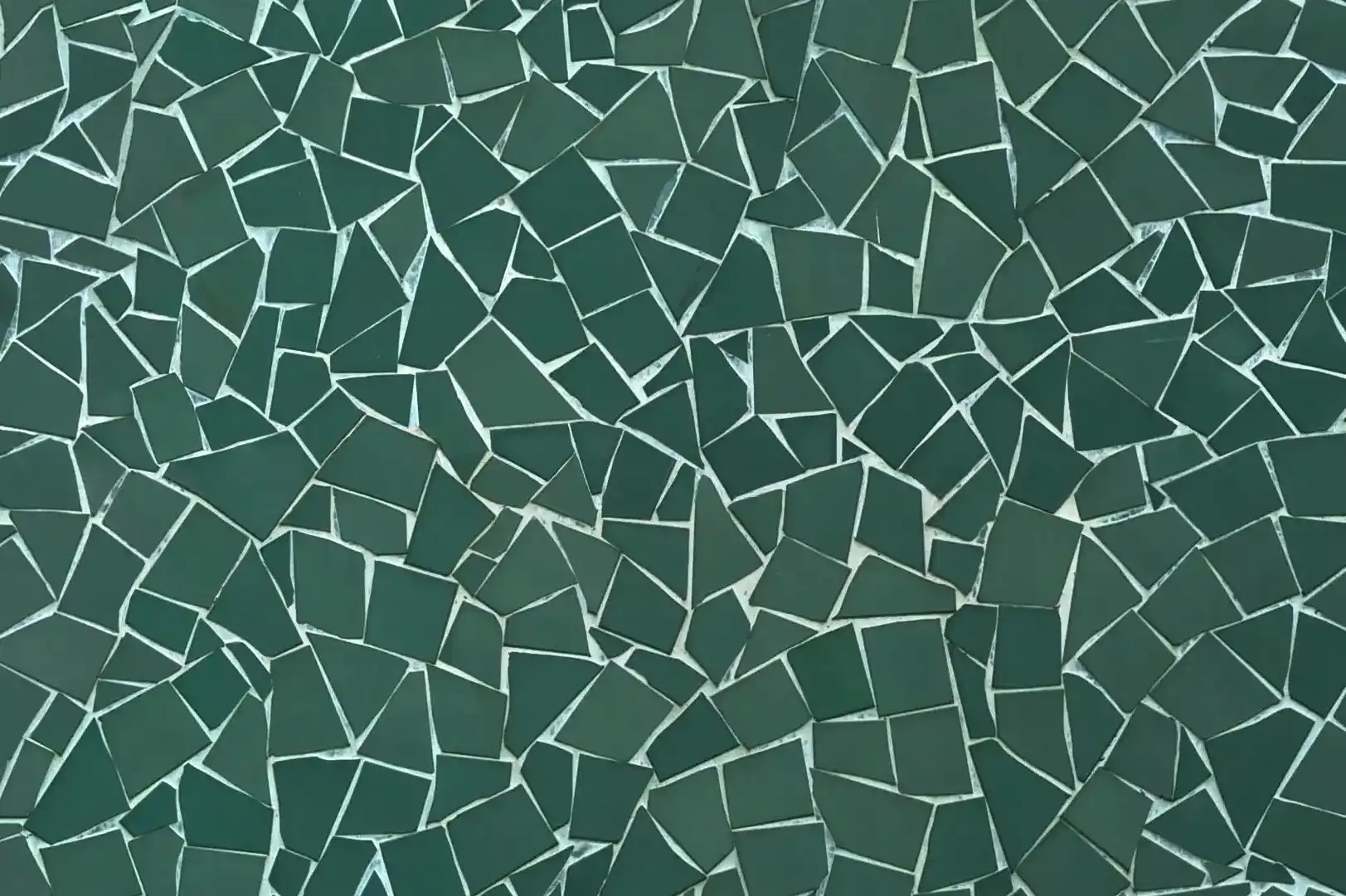Close-up of a shattered green mosaic wall
